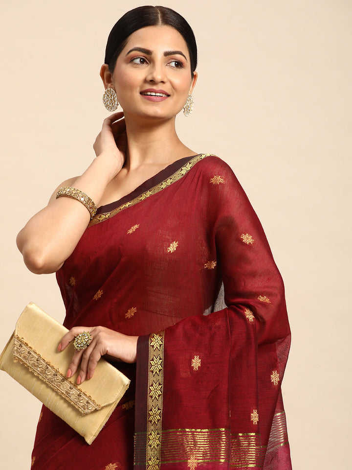 Maroon Zari Buti Silk Cotton Saree with Minimal Zari Border and Blouse piece