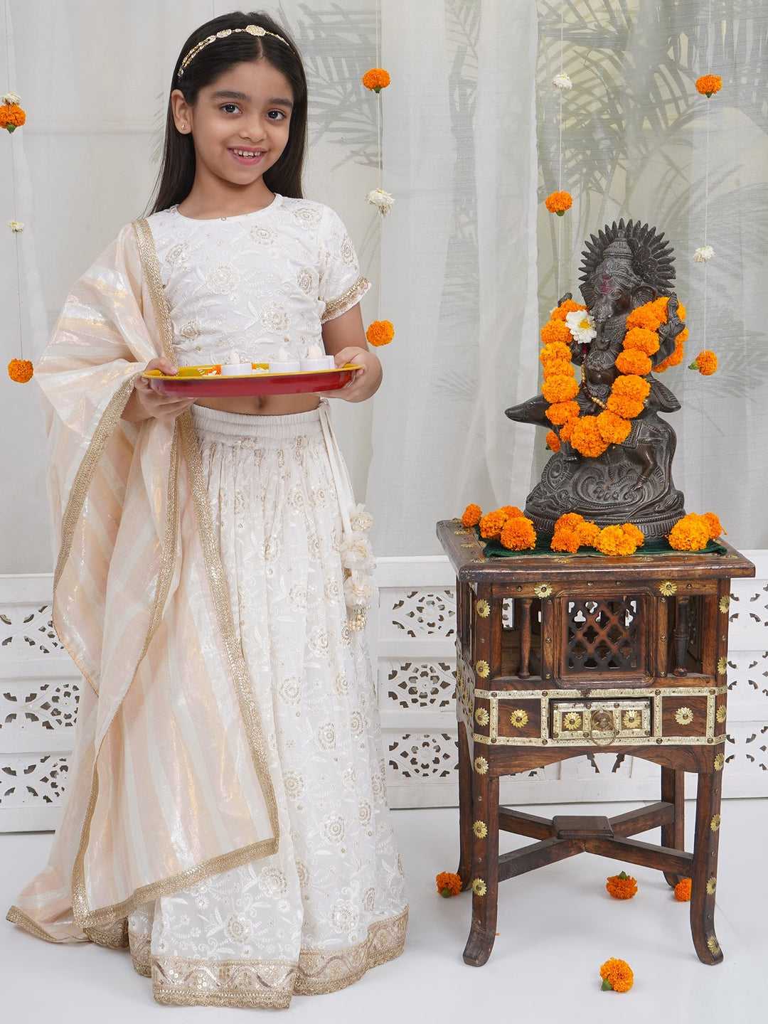 Girls White Floral Embrodiery Royal Lehenga Set | SHOBITAM