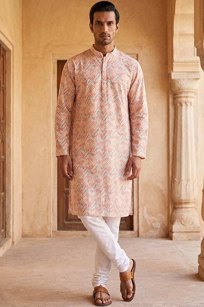 Peach Linen Printed Straight Kurta | SHOBITAM