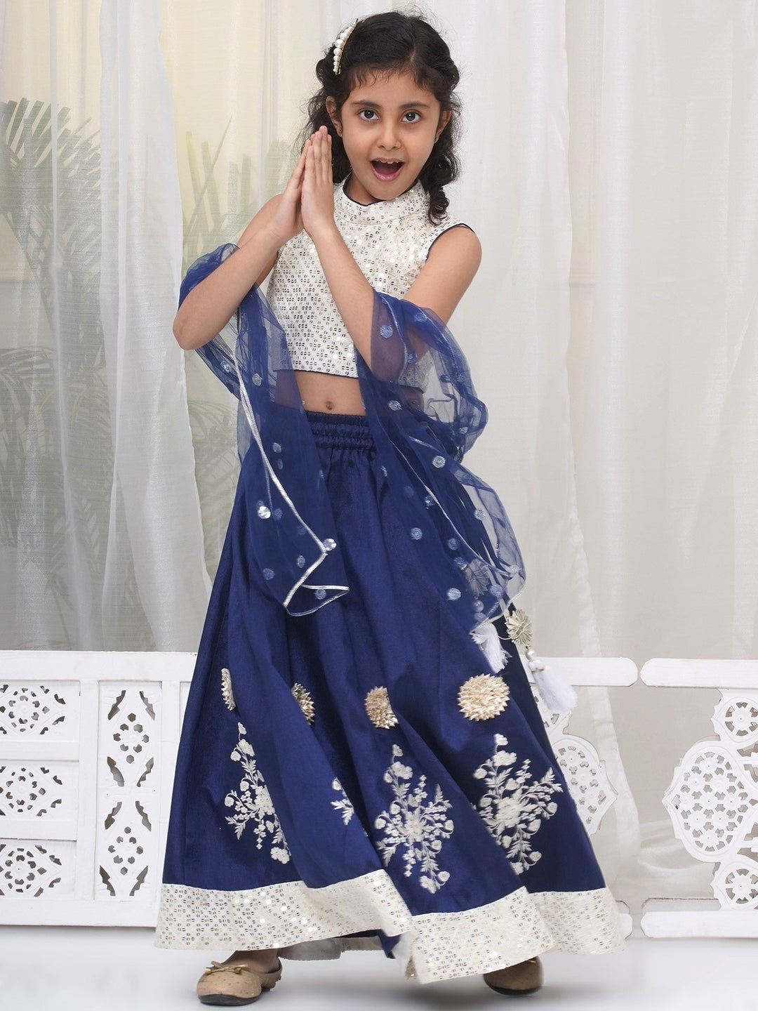 Girls Silk Brocade Kali Work Lehenga with Floral Thread Work & Sequin work Sleeveless Blouse with Dupatta - Royal Blue | SHOBITAM