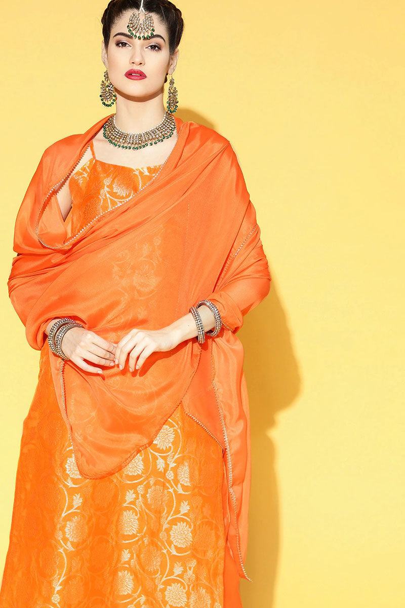 Orange Floral Cotton Kurta, Trouser Dupatta Set | SHOBITAM