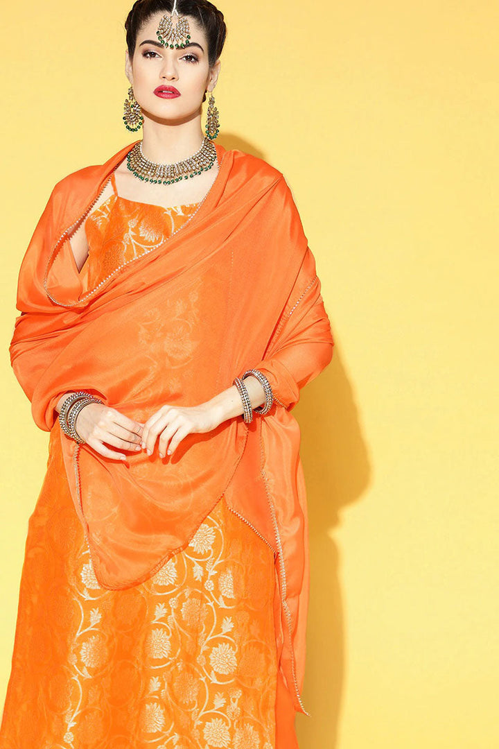 Orange Floral Cotton Kurta, Trouser Dupatta Set | SHOBITAM
