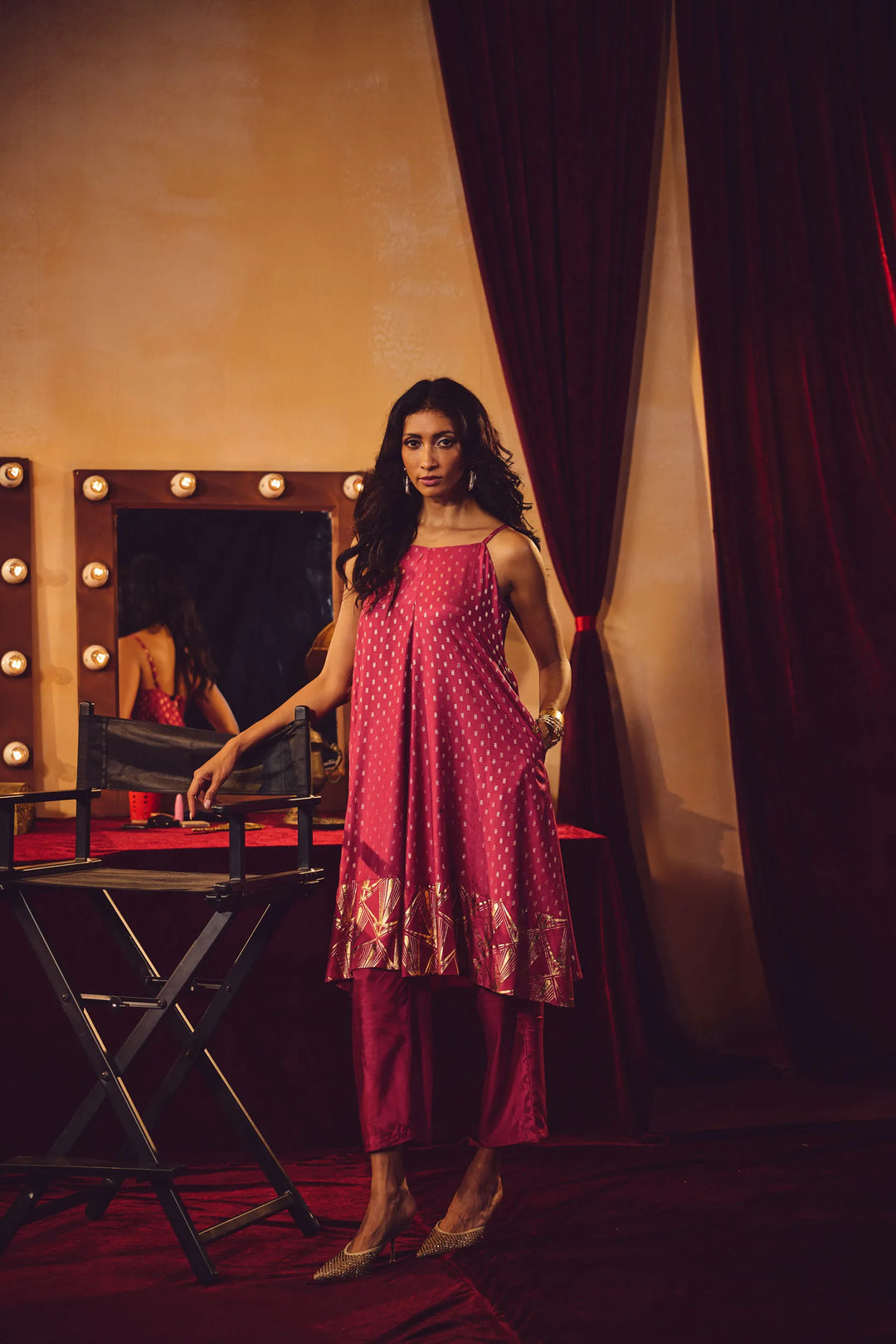 Pink Gold Foil Print Muslin Silk Flared Kurta Set| SHOBITAM