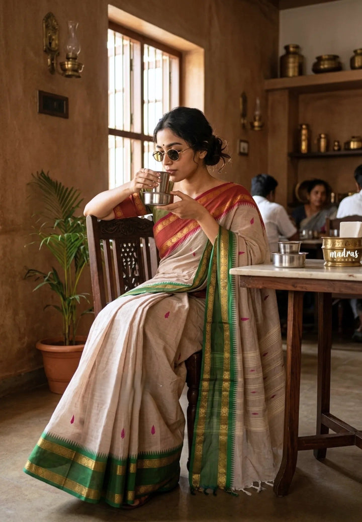 Chalk Beige Mercerized cotton Rudhraksham Ganga Jamuna border | SHOBITAM