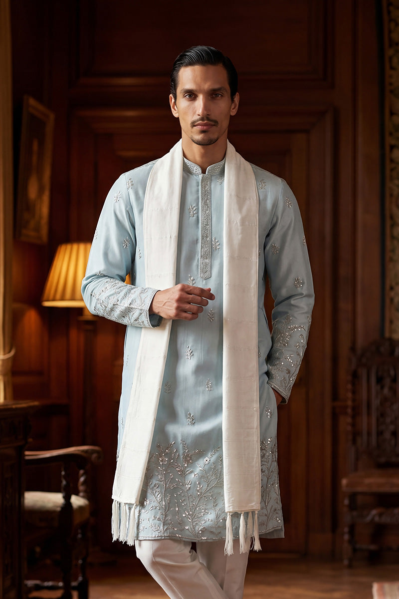 Men Blue Silk Blend Solid Embroidered Straight Kurta Sets  | SHOBITAM