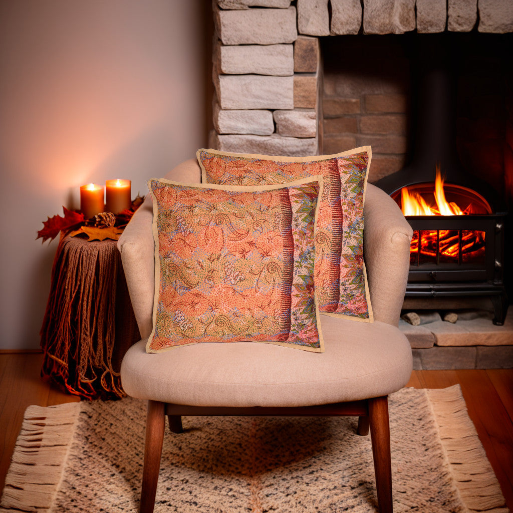 Brown Printed Rust Silk Hand Kantha stitch embroidered Reversible Cushion Cover- Pack of 1 | SHOBITAM