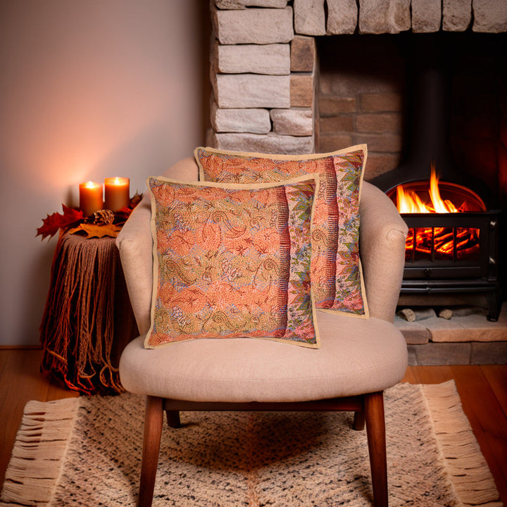 Brown Printed Rust Silk Hand Kantha stitch embroidered Reversible Cushion Cover- Pack of 1 | SHOBITAM