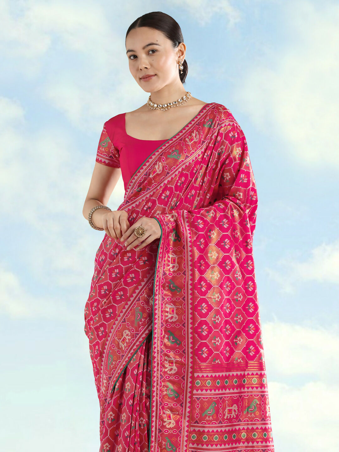Rani Pink Semi Banarasi Satin Silk Saree With Patola Work | SHOBITAM