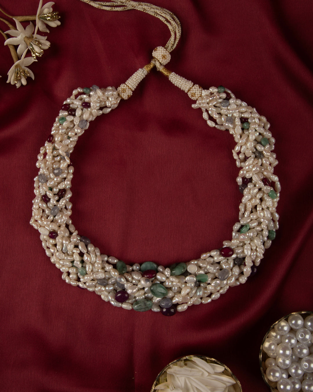 Triveni Ratna Pearl Mala- Ruby, Emerald and Tanzanite with Braided Pearls | SHOBITAM