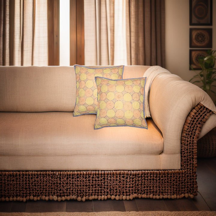 Cream Rust Kantha Silk Reversible Cushion Cover - Pack of 1 | SHOBITAM