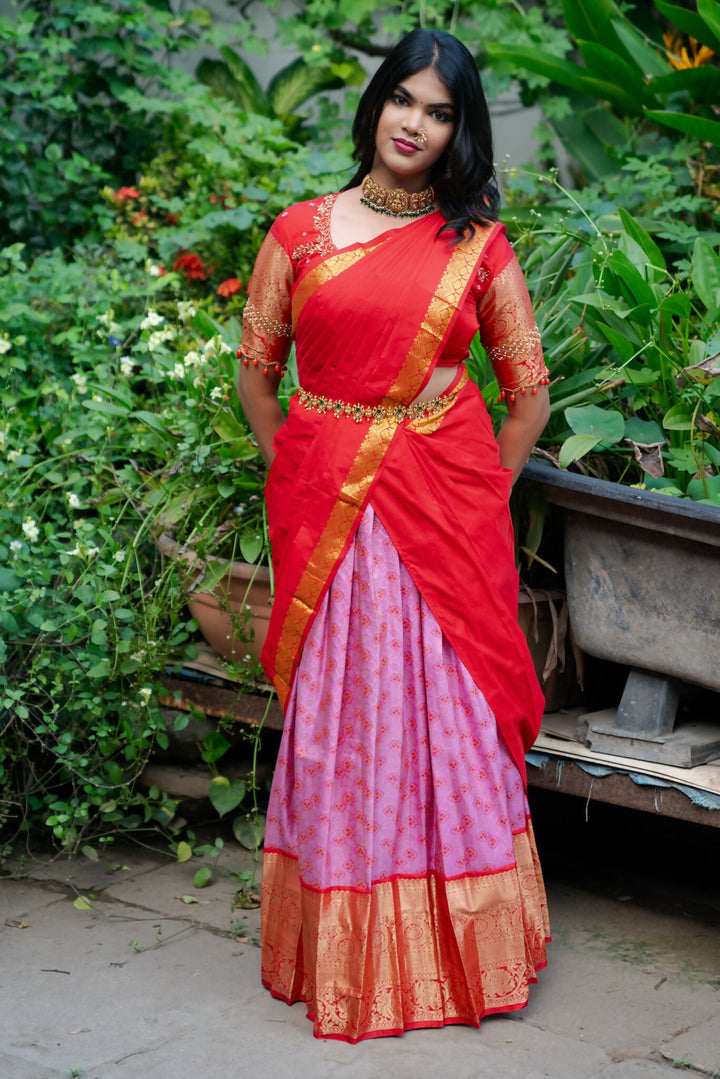 Rose Pink Brocade Skirt With Red Blouse | SHOBITAM