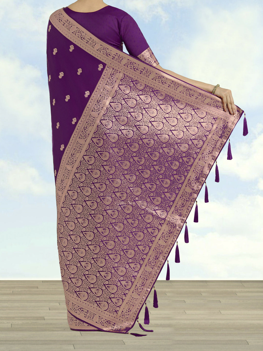 Purple With Gold Bordar Banarasi Satin Saree | SHOBITAM