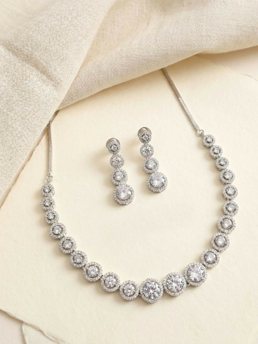 Round Silver Plated American Diamond Necklace Set | SHOBITAM