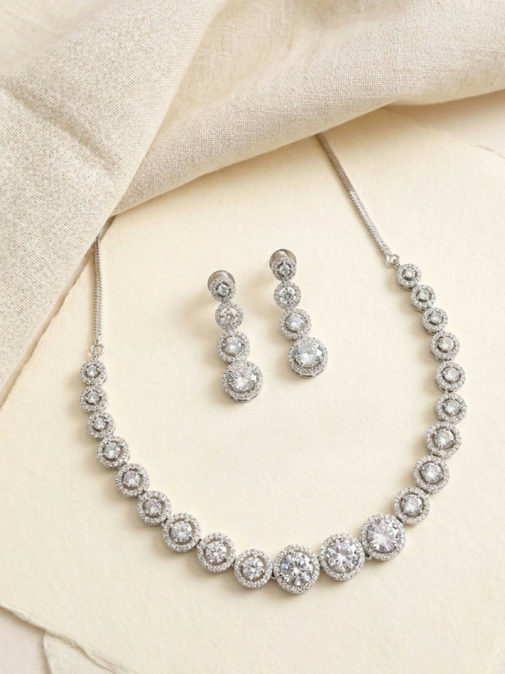 Round Silver Plated American Diamond Necklace Set | SHOBITAM