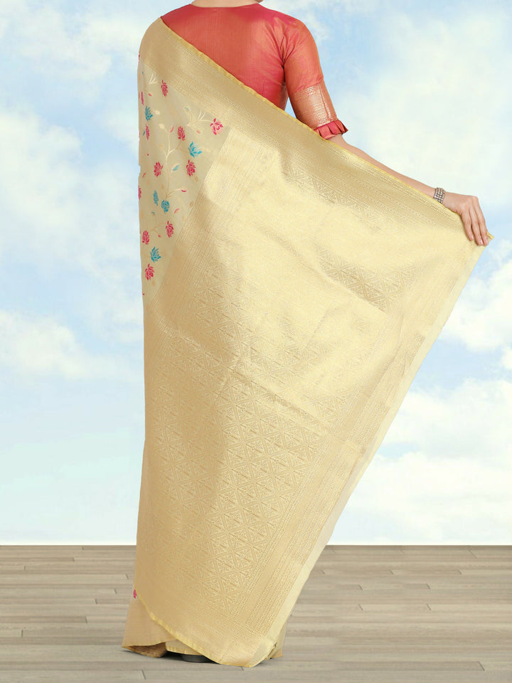Cream Semi Banarasi tissue silk saree | SHOBITAM