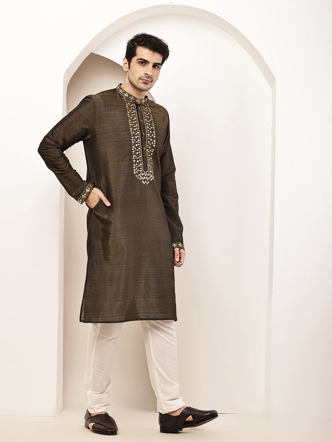 Men’s Straight Moss Green Viscose Silk Zari-Work Kurta | SHOBITAM