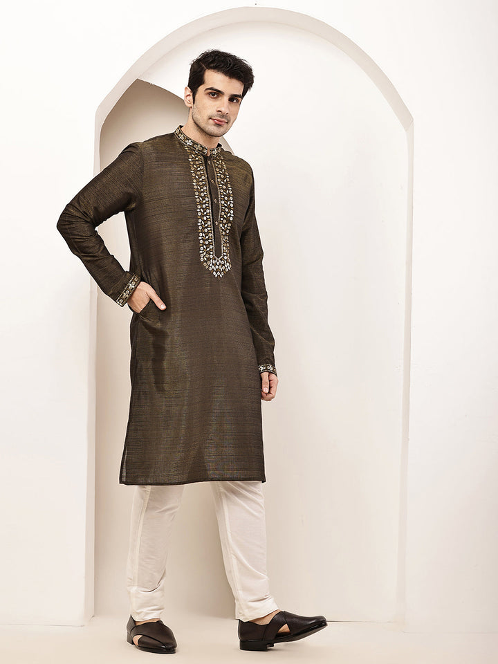 Men’s Straight Moss Green Viscose Silk Zari-Work Kurta | SHOBITAM