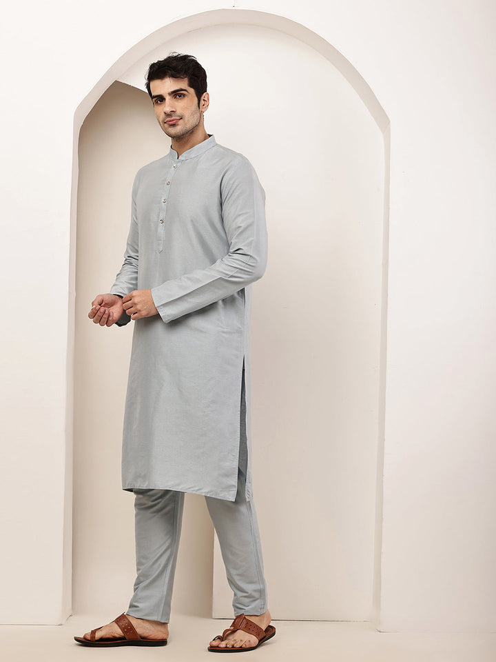 Men's Blue Straight Viscose Silk Kurta Pyjama Set | SHOBITAM