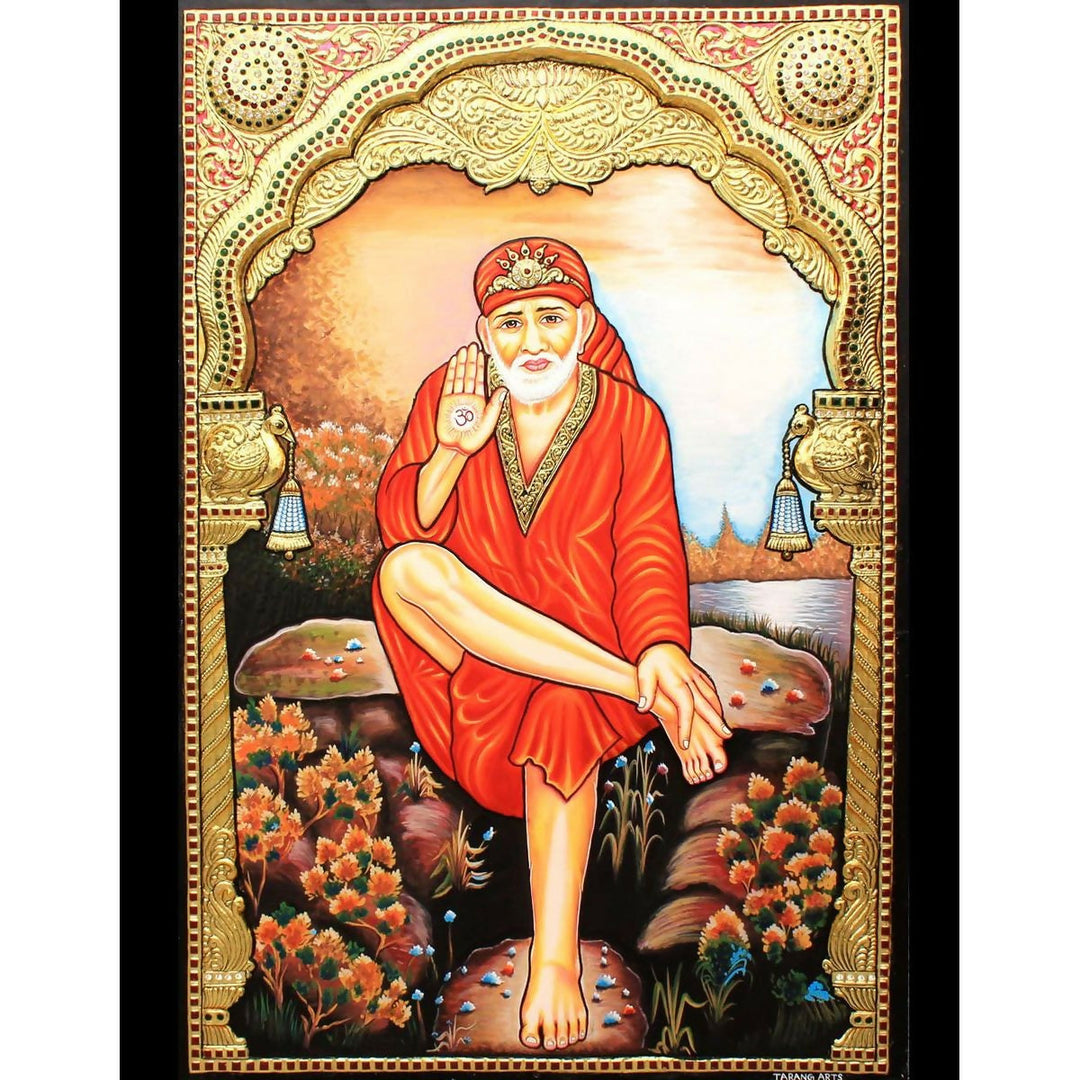24*36" Authentic Tanjore painting of Sai Baba  with 22 Ct Gold Foil, Unframed | SHOBITAM