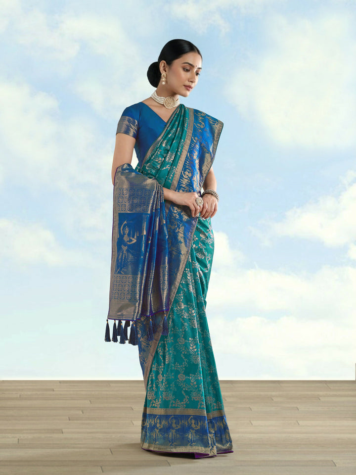 Turquoise Banarasi Semi Silk Saree With Zari Woven Design  | SHOBITAM