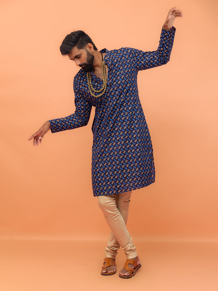Navy Blue Printed Kurta Churidar Set | SHOBITAM