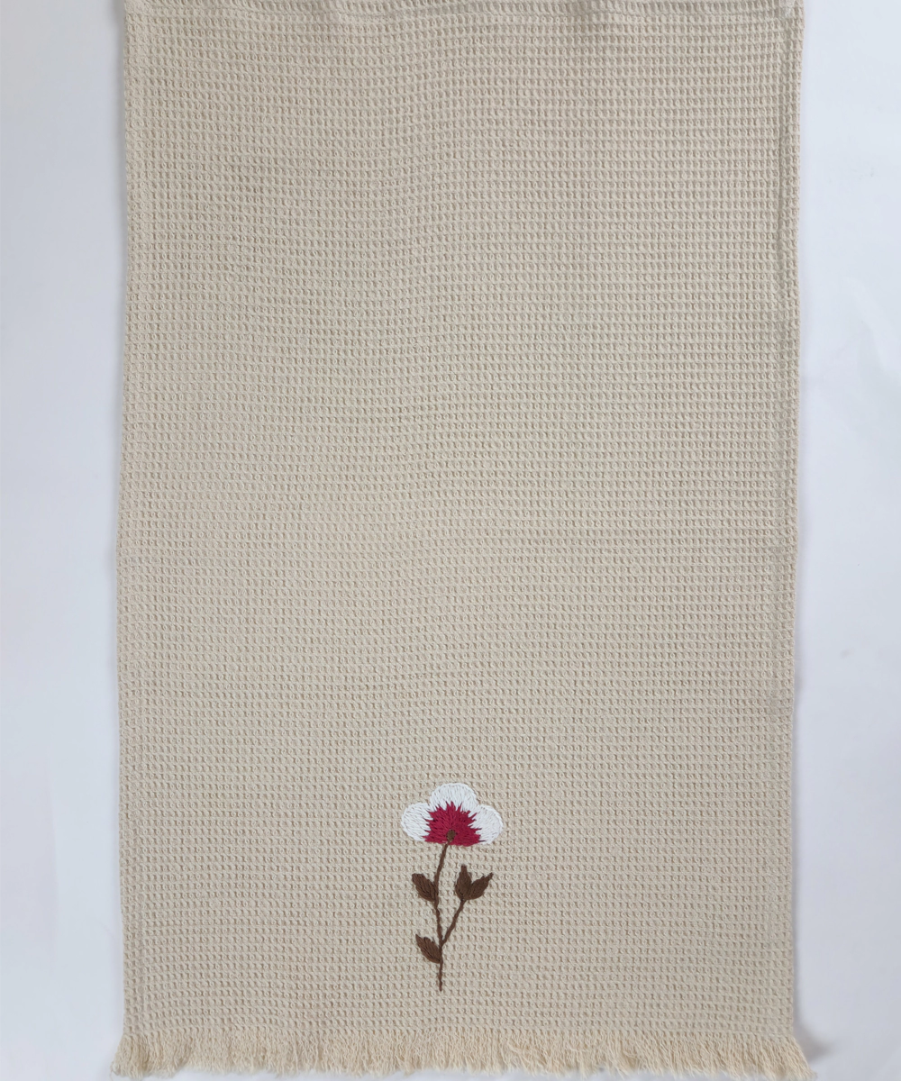 Embroidered 1 Pc Bath and 2 Pcs Hand Towel Set | Cotton Waffle Fabric | Beige | SHOBITAM