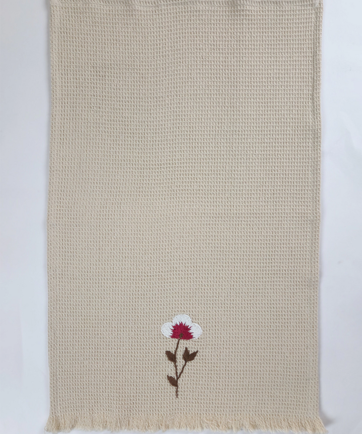 Embroidered 1 Pc Bath and 2 Pcs Hand Towel Set | Cotton Waffle Fabric | Beige | SHOBITAM