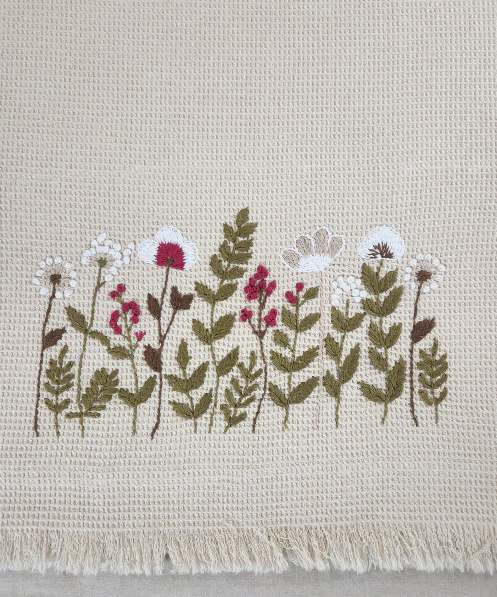 Embroidered 1 Pc Bath and 2 Pcs Hand Towel Set | Cotton Waffle Fabric | Beige | SHOBITAM