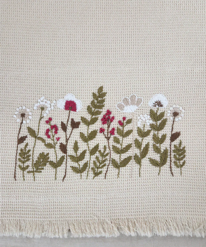 Embroidered 1 Pc Bath and 2 Pcs Hand Towel Set | Cotton Waffle Fabric | Beige | SHOBITAM