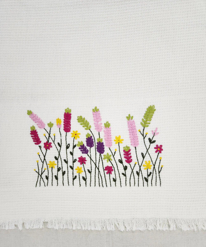 Embroidered 1 Pc Bath and 2 Pcs Hand Towel Set | Cotton Waffle Fabric | White | SHOBITAM