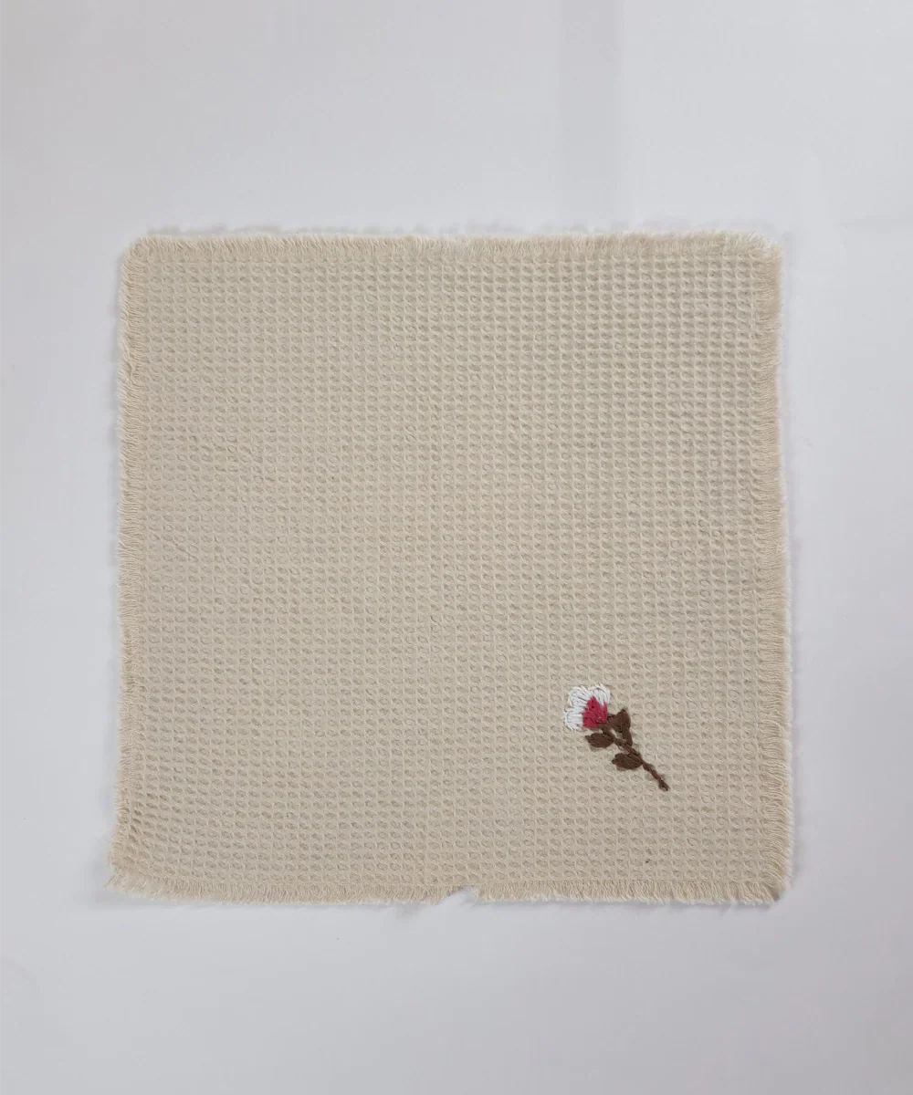 Embroidered Face Towel - Set of 4 pcs in Soft Cotton Waffle | Beige