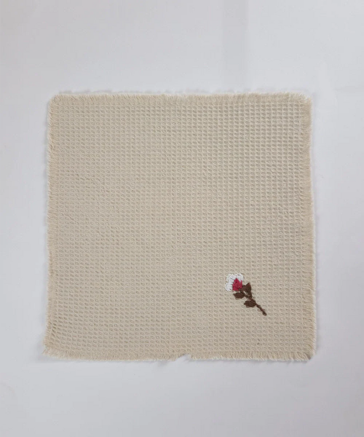 Embroidered Face Towel - Set of 4 pcs in Soft Cotton Waffle | Beige