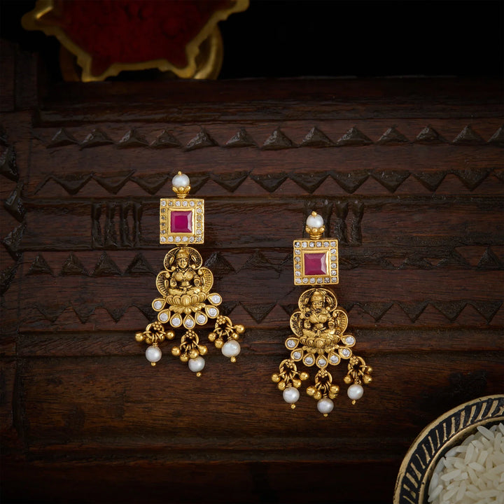 Pure 92.5 Silver, Gold Plated Ruby Pink Teja Valli Danglers