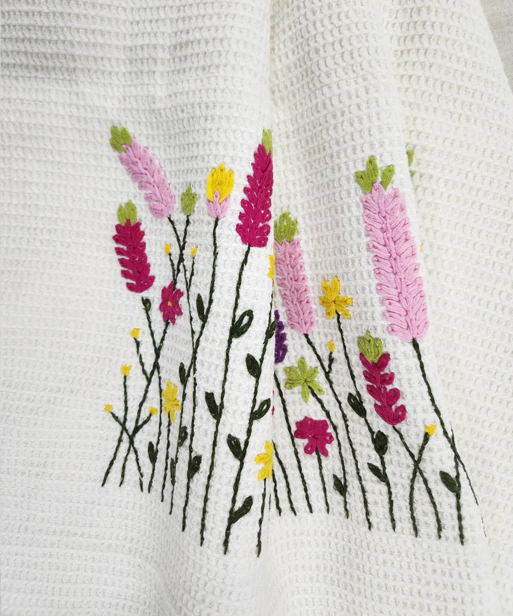Embroidered 1 Pc Bath and 2 Pcs Hand Towel Set | Cotton Waffle Fabric | White | SHOBITAM