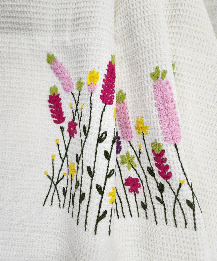 Embroidered 1 Pc Bath and 2 Pcs Hand Towel Set | Cotton Waffle Fabric | White | SHOBITAM