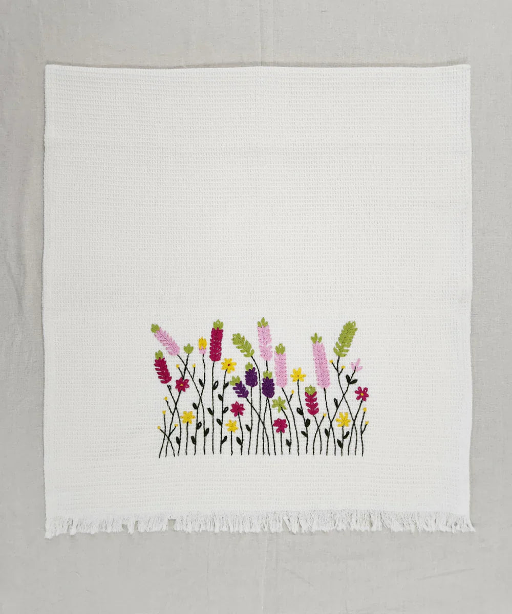 Embroidered 1 Pc Bath and 2 Pcs Hand Towel Set | Cotton Waffle Fabric | White | SHOBITAM
