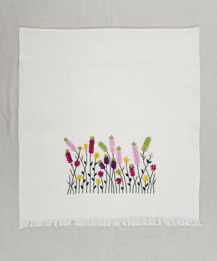 Embroidered 1 Pc Bath and 2 Pcs Hand Towel Set | Cotton Waffle Fabric | White | SHOBITAM