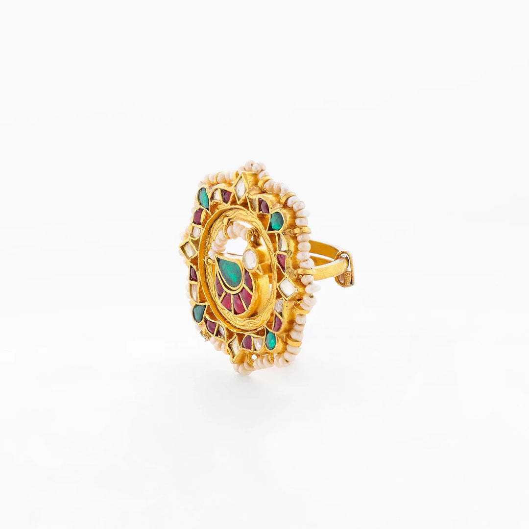 Pure 92.5 Silver, Gold Plated Peachick Kundan Ring