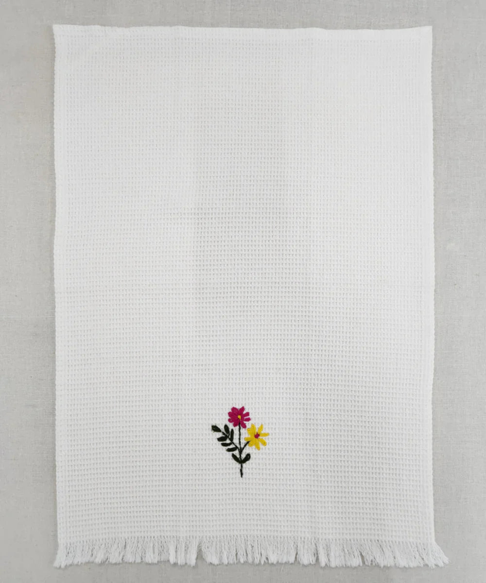 Embroidered 1 Pc Bath and 2 Pcs Hand Towel Set | Cotton Waffle Fabric | White | SHOBITAM