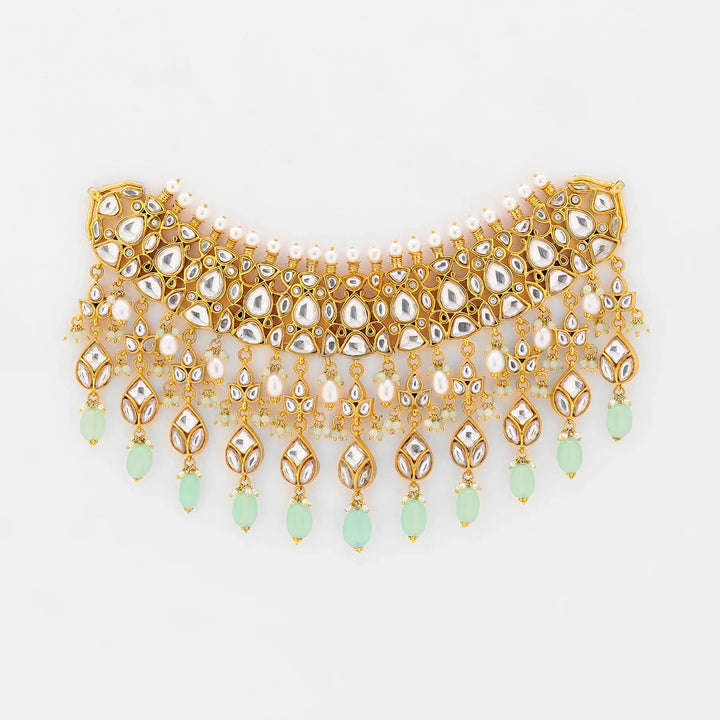 Pure 92.5 Silver, Gold Plated Polki Emerald Choker