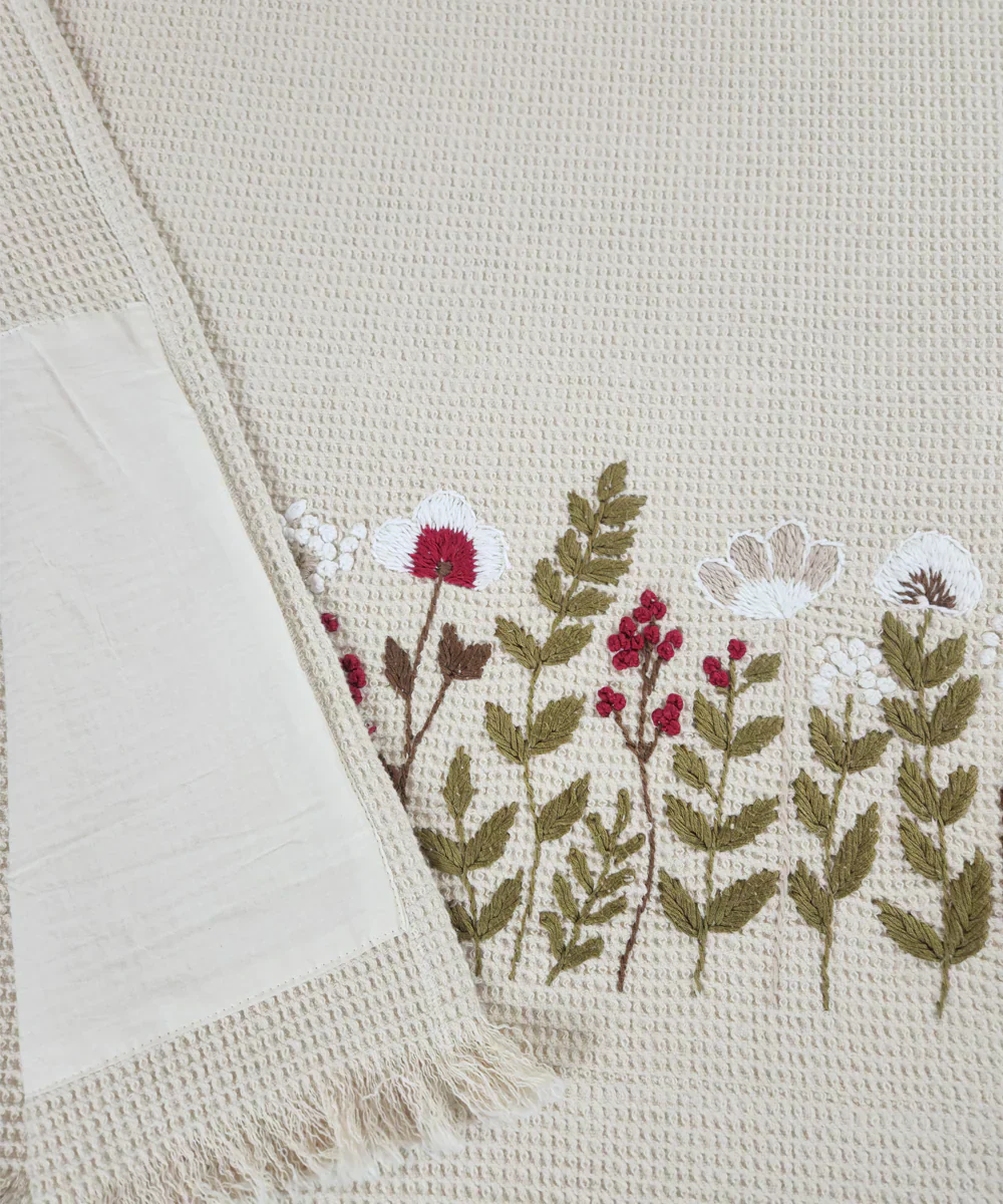 Embroidered 1 Pc Bath and 2 Pcs Hand Towel Set | Cotton Waffle Fabric | Beige | SHOBITAM