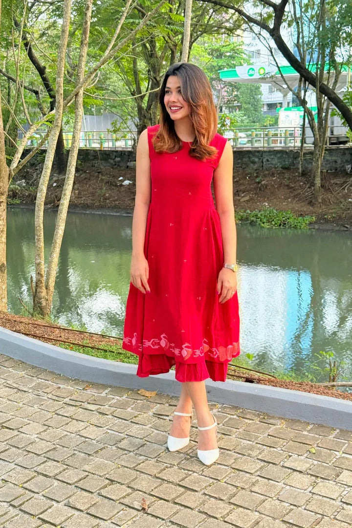 Radiance Red Layered Jamdani Dress | SHOBITAM