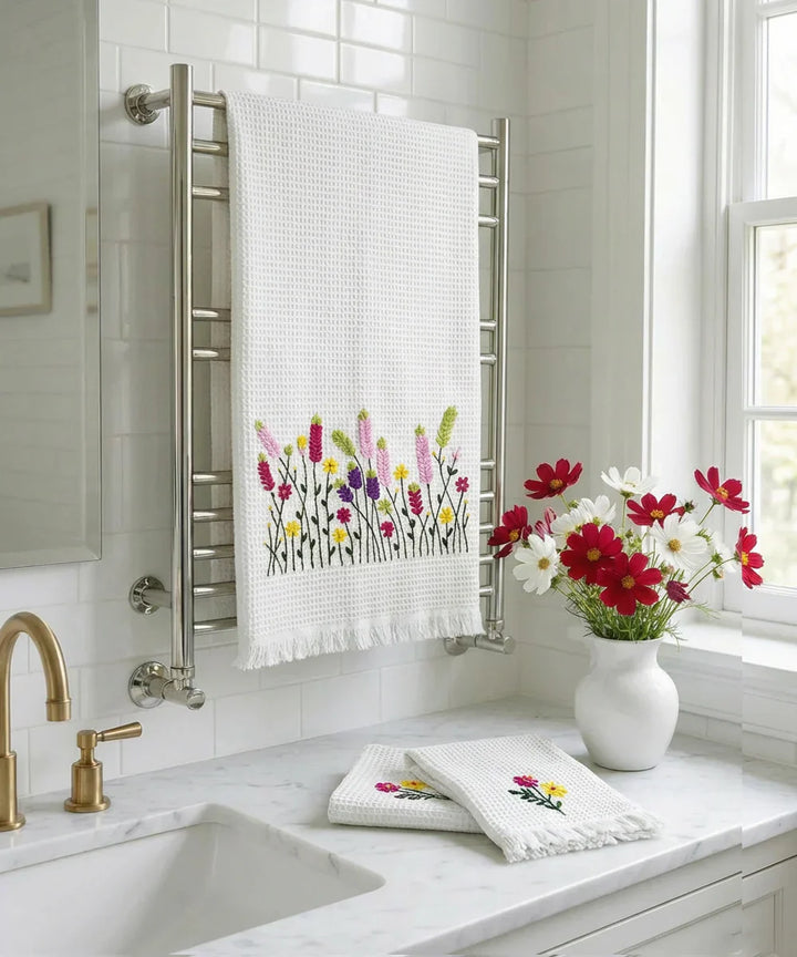 Embroidered 1 Pc Bath and 2 Pcs Hand Towel Set | Cotton Waffle Fabric | White | SHOBITAM