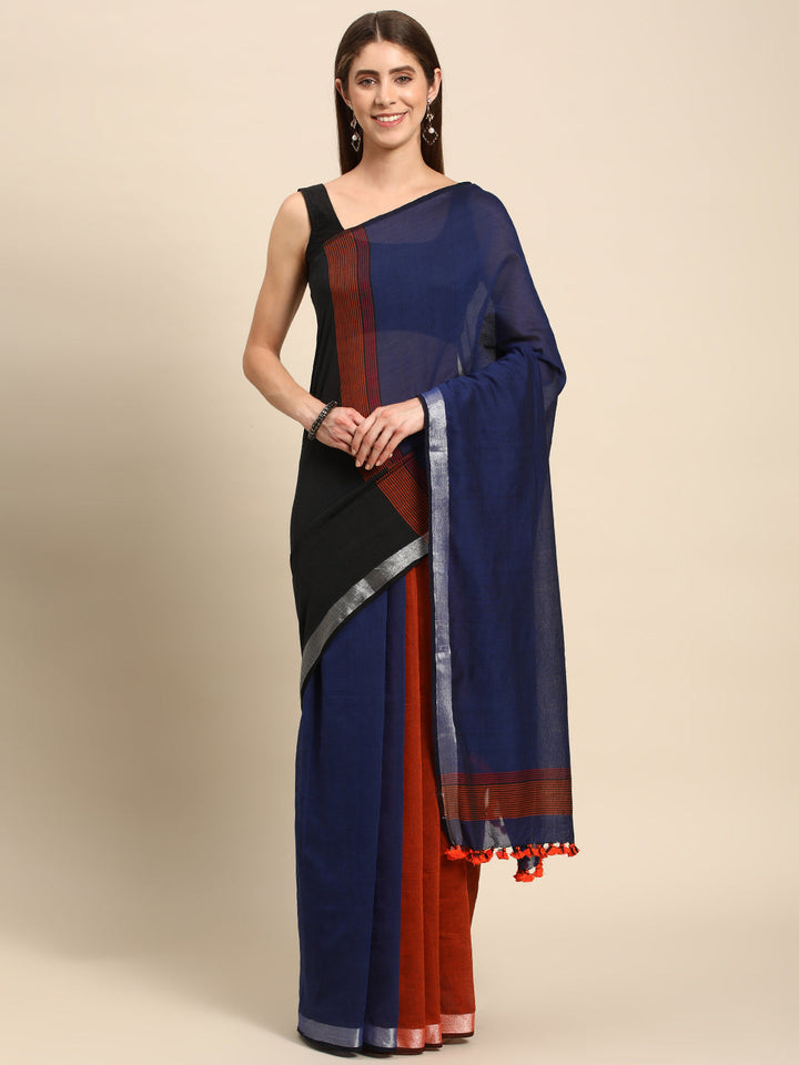 Navy Blue Colour block Cotton Saree with pompoms with Minimal Border No Blouse Piece