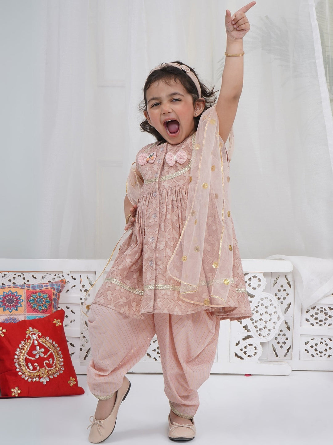 Girls Cotton Sleeveless Floral Self Weaving Kurta with Bow Applique work and Salwar with Dupatta - Mocha Brown