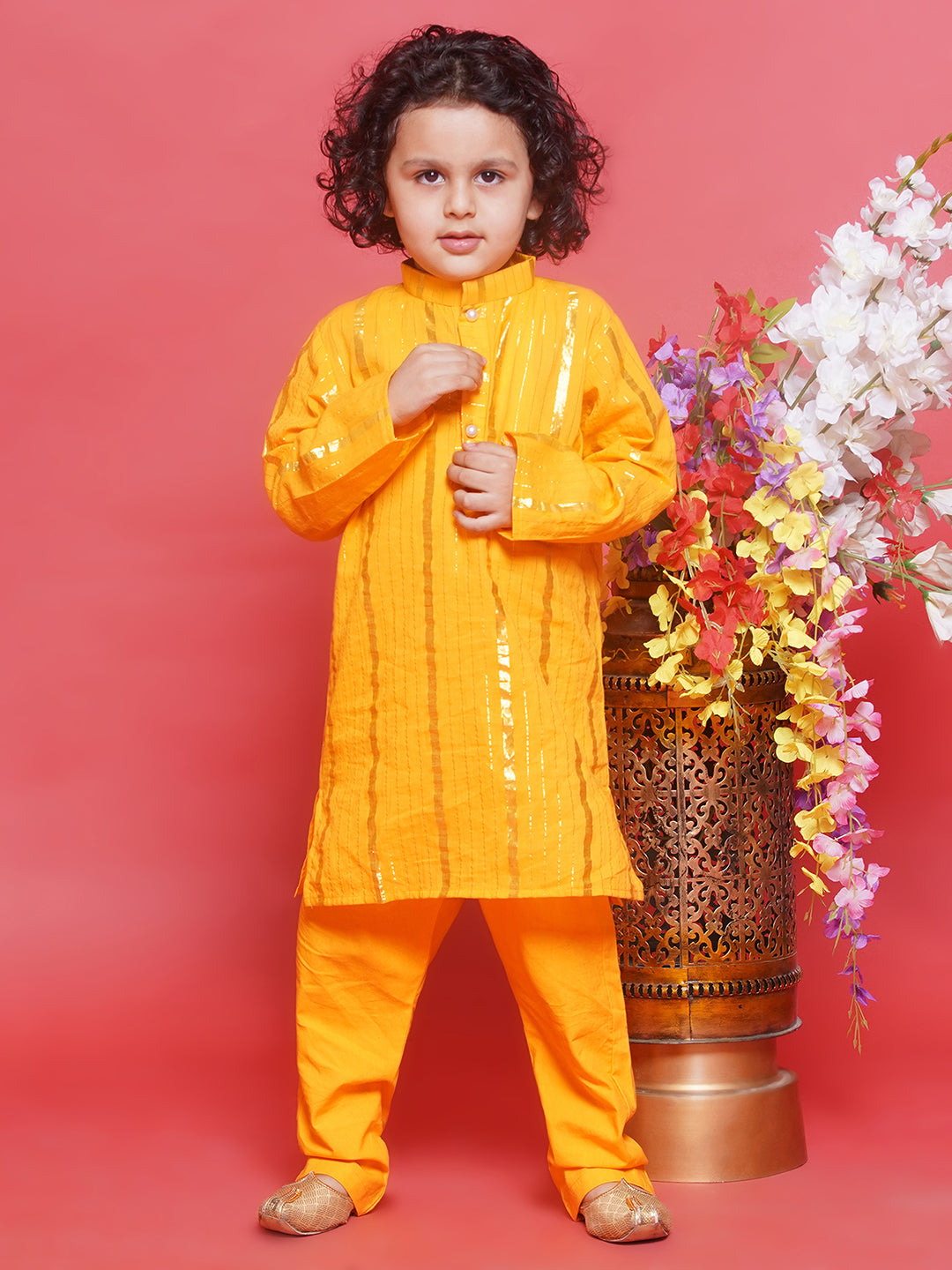 Cotton Full Sleeves Lurex Striped Kurta with Pyjama -Yellow | SHOBITAM