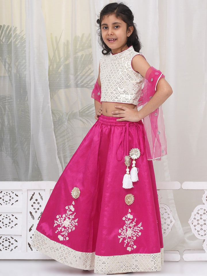 Girls Semi-Silk Brocade Kali Work Lehenga with Floral Thread Work & Sequin work Sleeveless Blouse with Dupatta - Hot Pink | SHOBITAM
