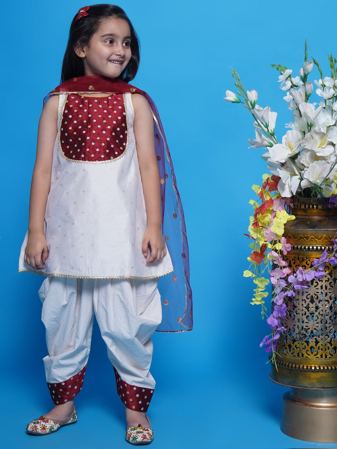Chand Sitare Kurta with Dhoti Salwar & Dupatta - Cream | SHOBITAM