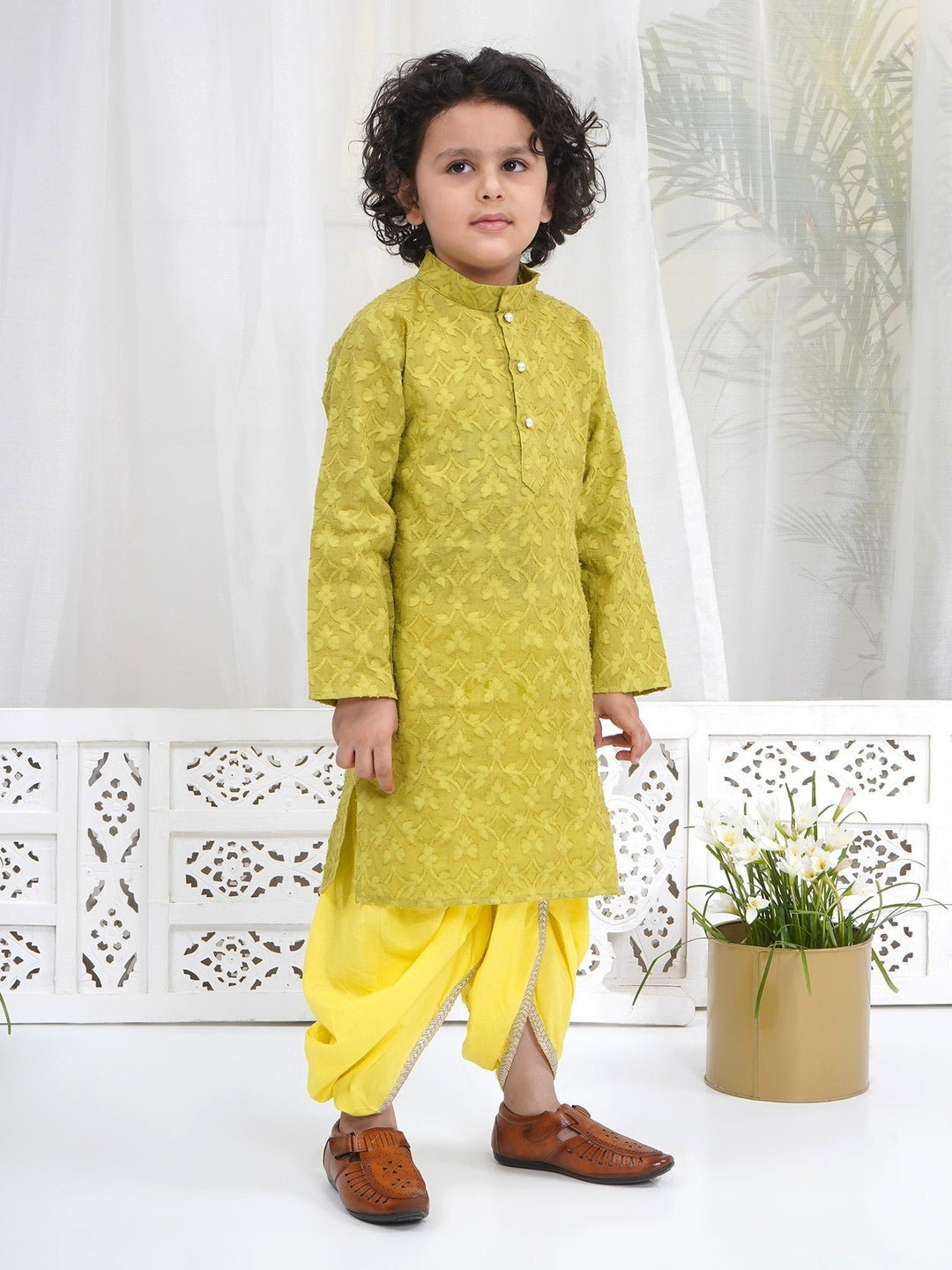 Boys Cotton Full Sleeves Self Weaving Kurta with Dhoti and Pearl Buttons - Green | SHOBITAM