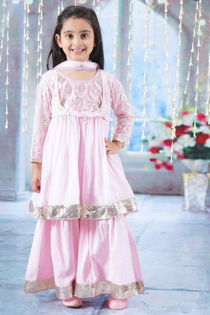 Girls Floral Sequin Embrodiery Kurta with Sharara and Dupatta with Lace Work | SHOBITAM